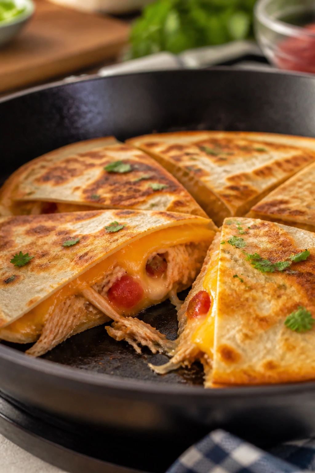 Quesadillas with rotisserie chicken and melted cheese in a skillet