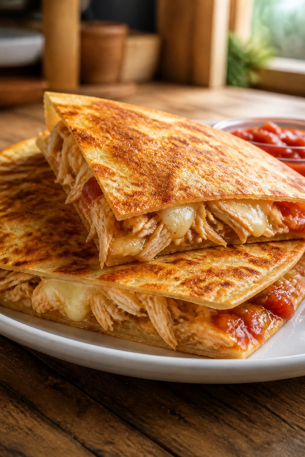 Close-up of a golden-brown chicken quesadilla with melted cheese on a plate in a sunlit kitchen