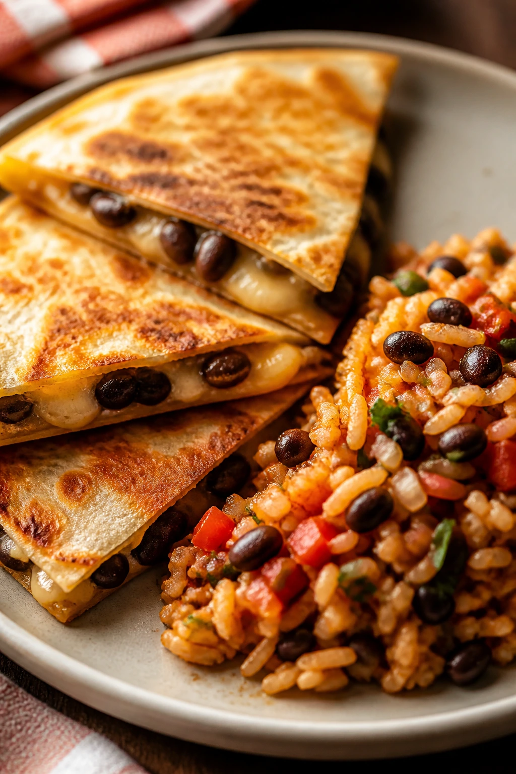 Quesadillas with salsa rice on a plate in a cozy kitchen