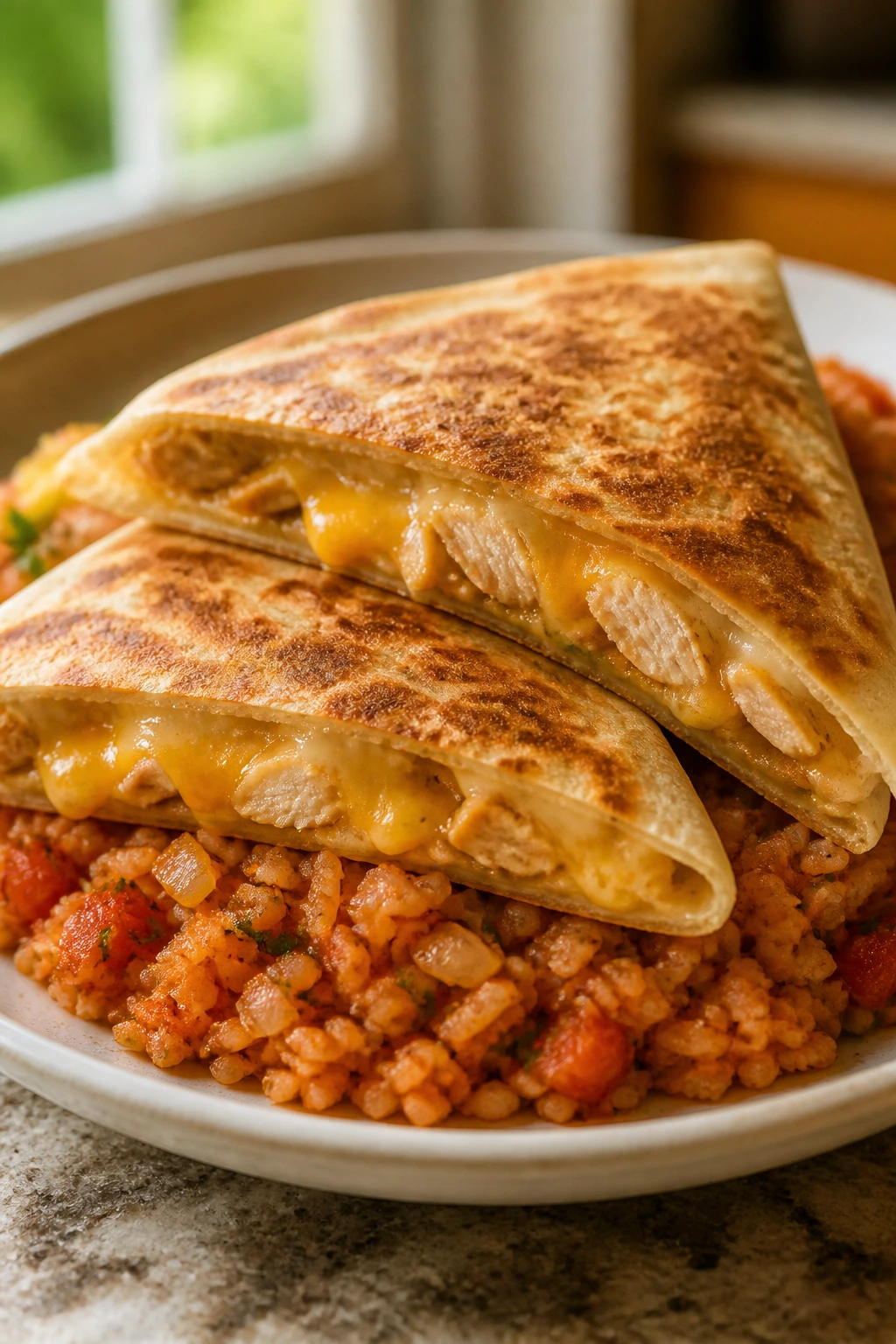 Quesadillas with salsa rice on plate in a home kitchen