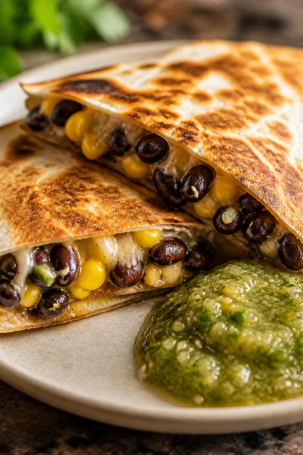 Quesadilla wedge with black beans, corn, and salsa verde on a plate