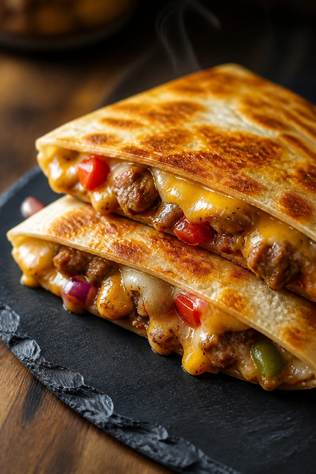 Quesadilla wedge with melted cheese and sausage on a dark board