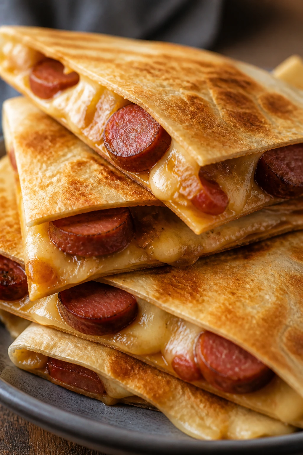Quesadillas with smoked sausage, cut into wedges on plate.