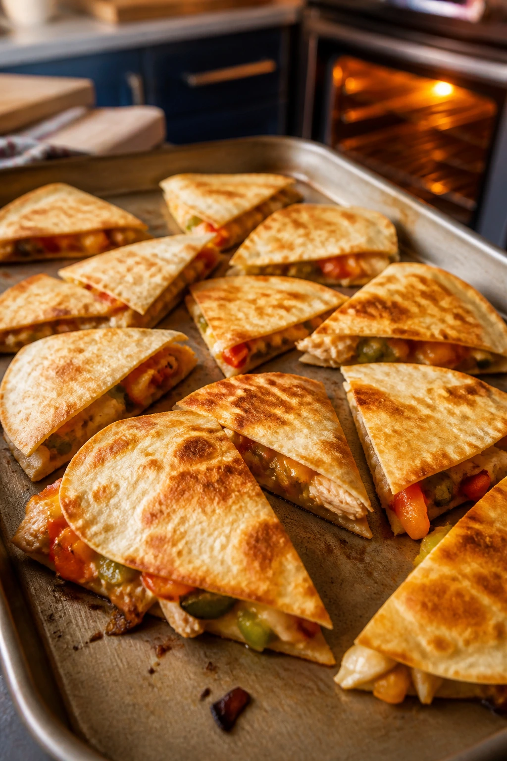 Close-up of quesadillas on a sheet pan