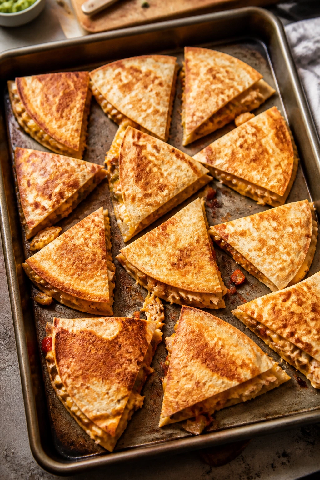 Overhead view of sheet pan chicken quesadillas cut into wedges