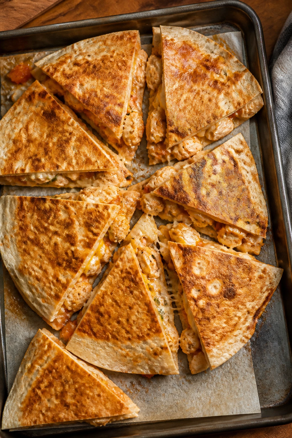 Sheet-pan chicken quesadillas cut into triangles on a pan
