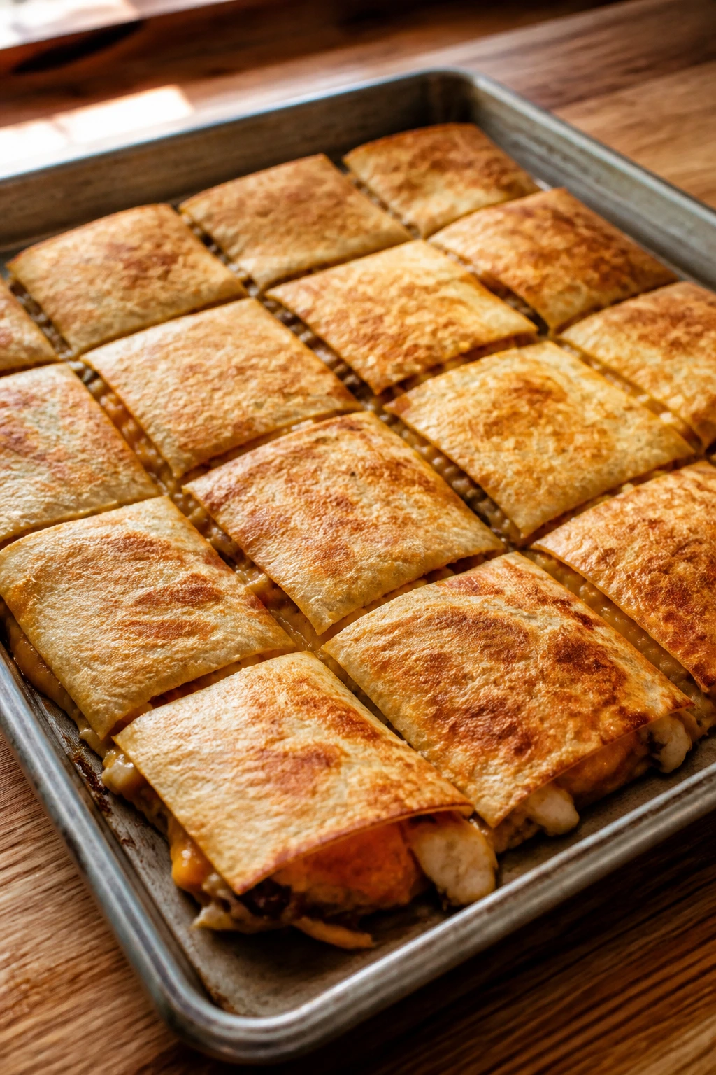 Close-up of sheet-pan quesadillas cut into squares on a wooden counter