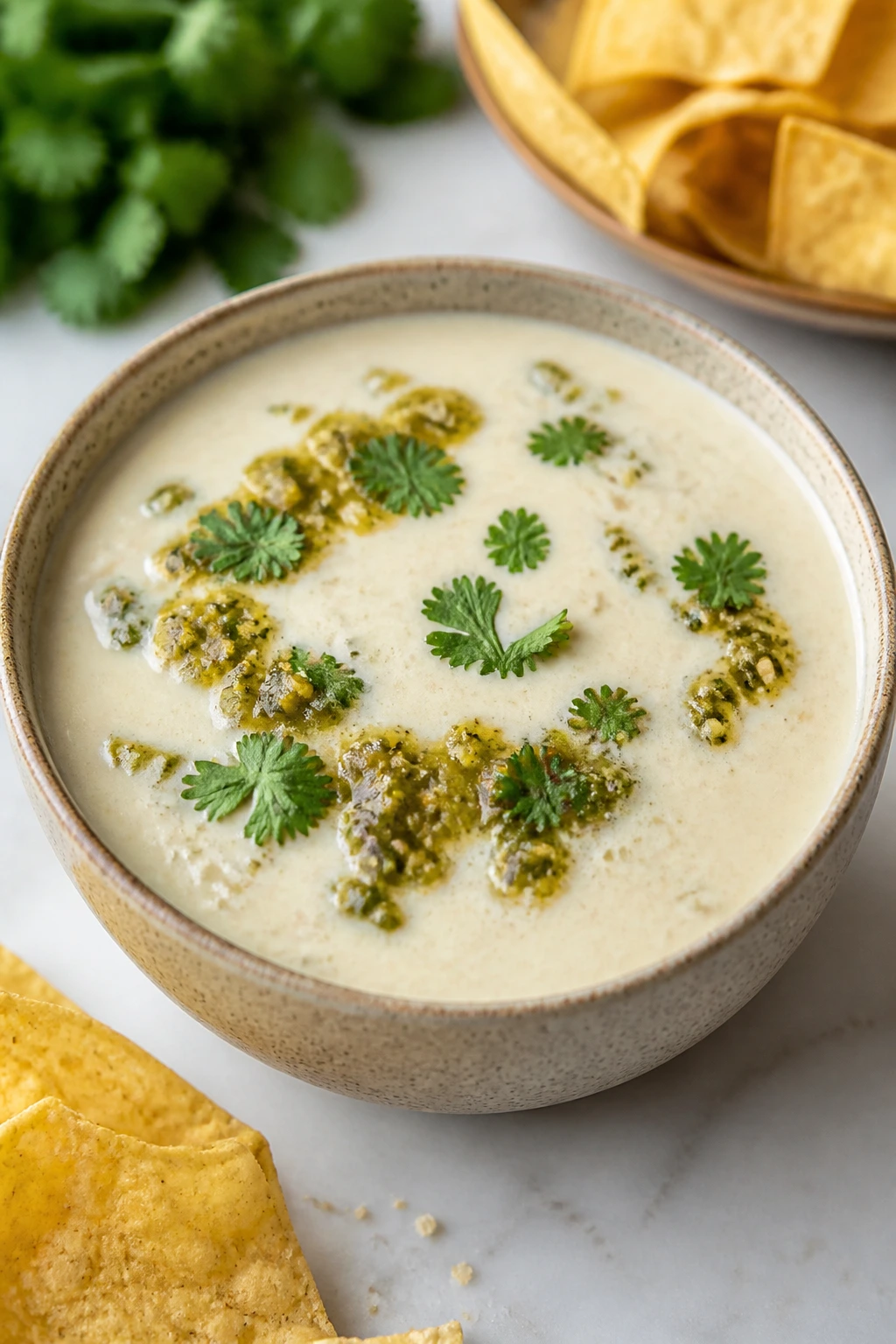 Queso Blanco in a creamy white dip bowl with tortilla chips nearby on a bright kitchen counter