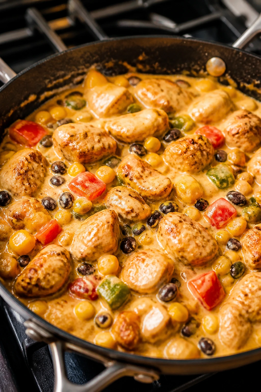 Close-up of Veggie-Packed Queso Chicken Skillet in a skillet