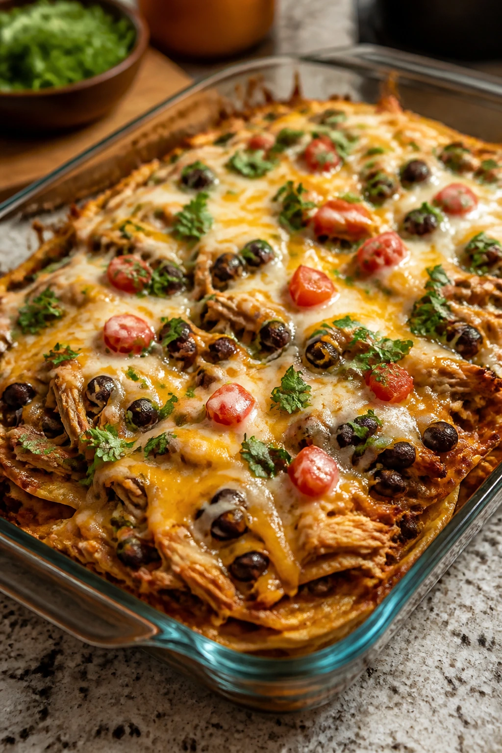 Queso chicken tostada bake with melted cheese on top in a glass dish