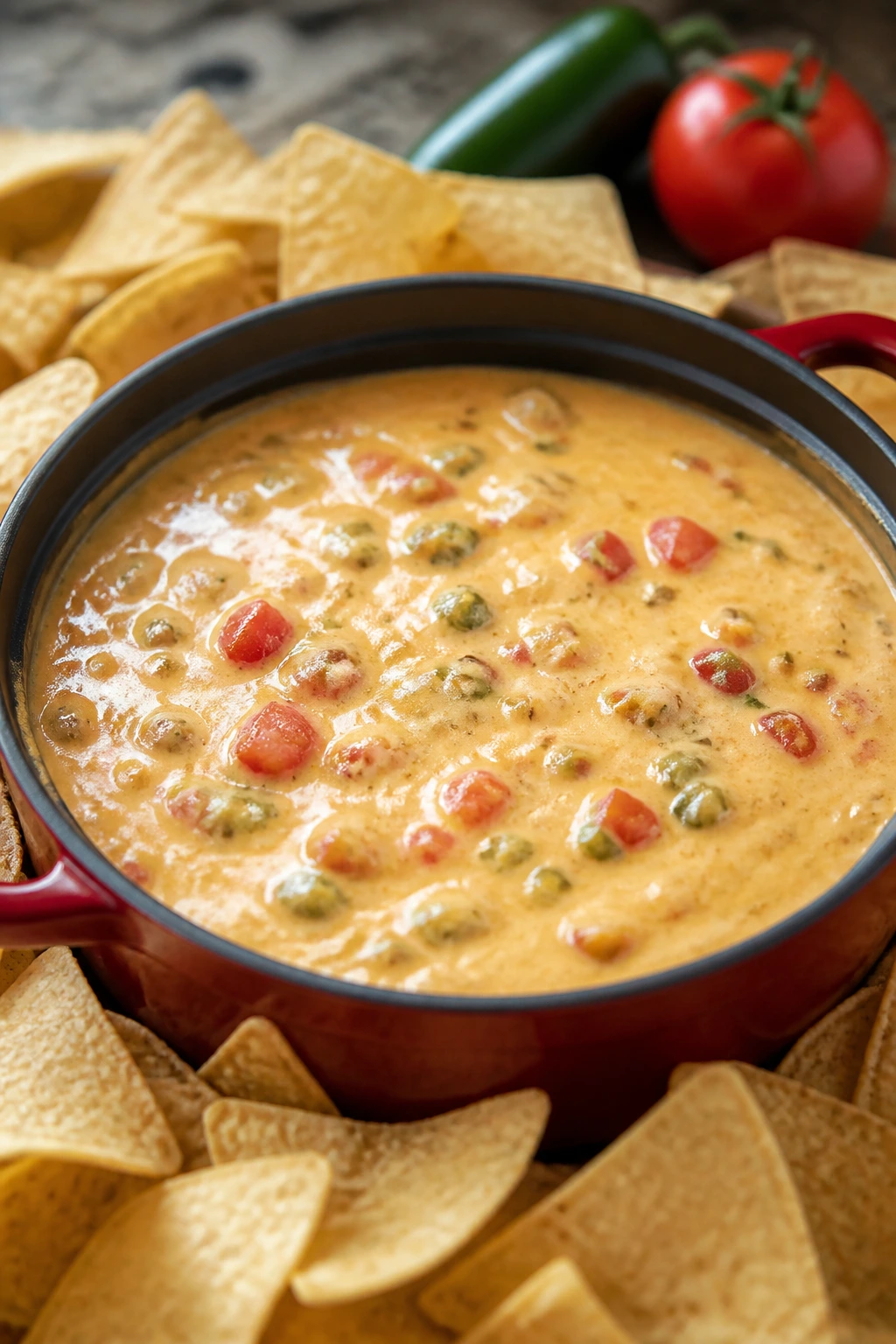 Creamy queso dip with tomatoes and green chiles served with chips in a kitchen setting.