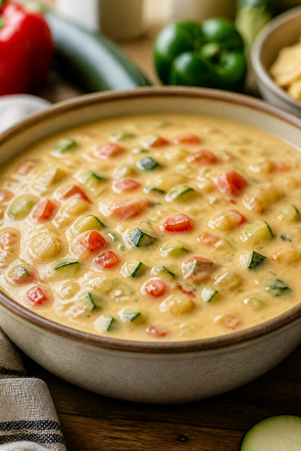 Creamy veggie-loaded queso dip in a bowl on a wooden table
