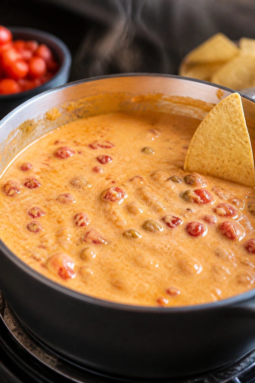 Pot of scoopable queso with chips on a kitchen counter