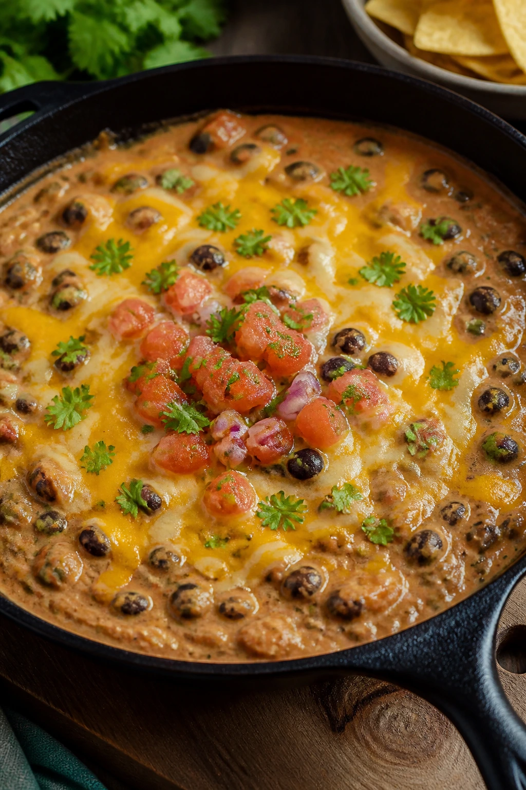 Close-up of Cheesy Black Bean Queso Skillet with melted cheese and beans