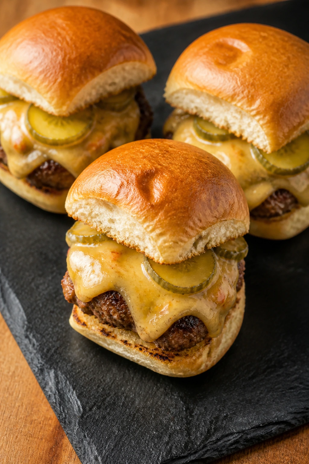 Close-up of queso burger sliders with melted cheese on buns