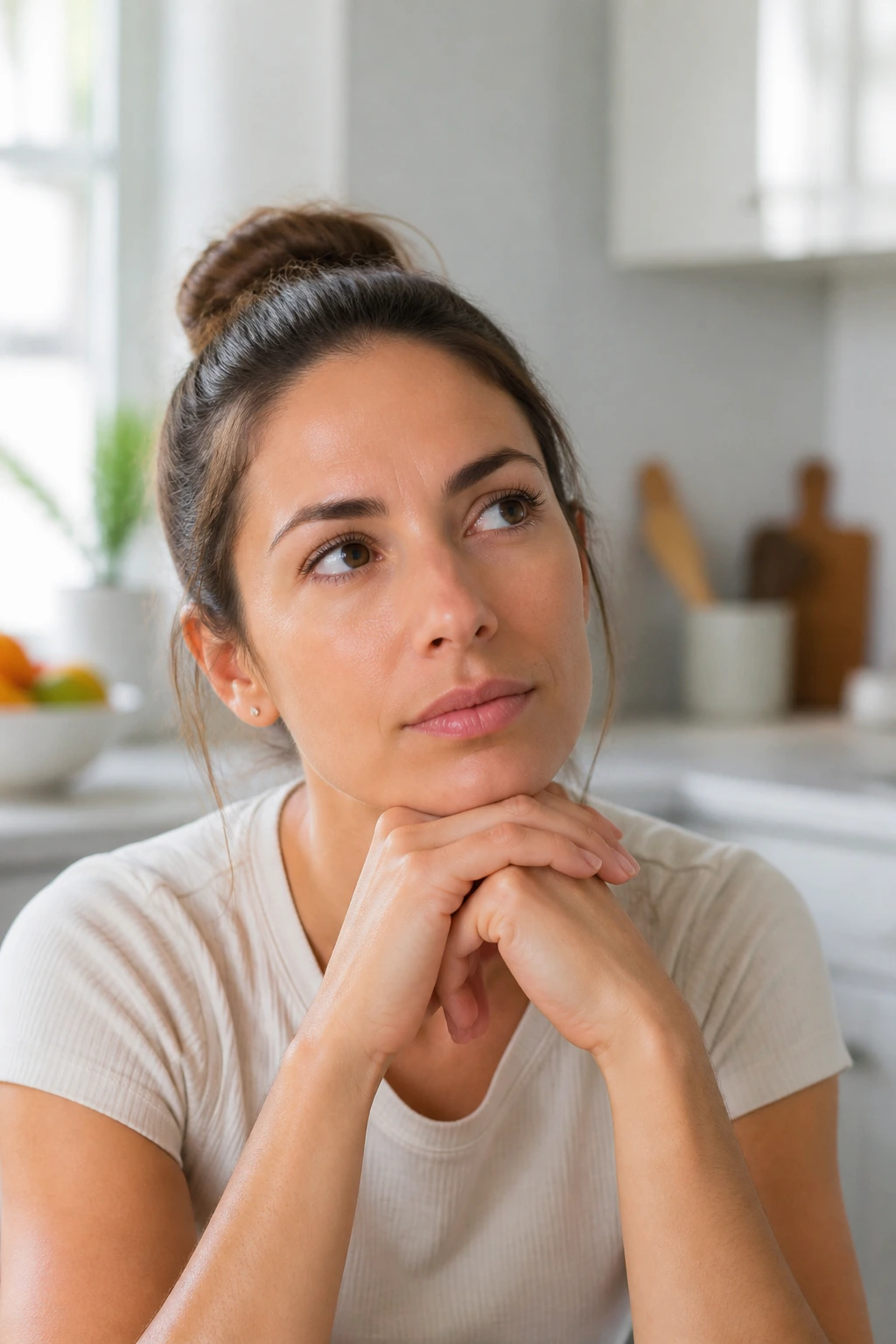 Portrait of a person in a kitchen contemplating starting a clean eating plan