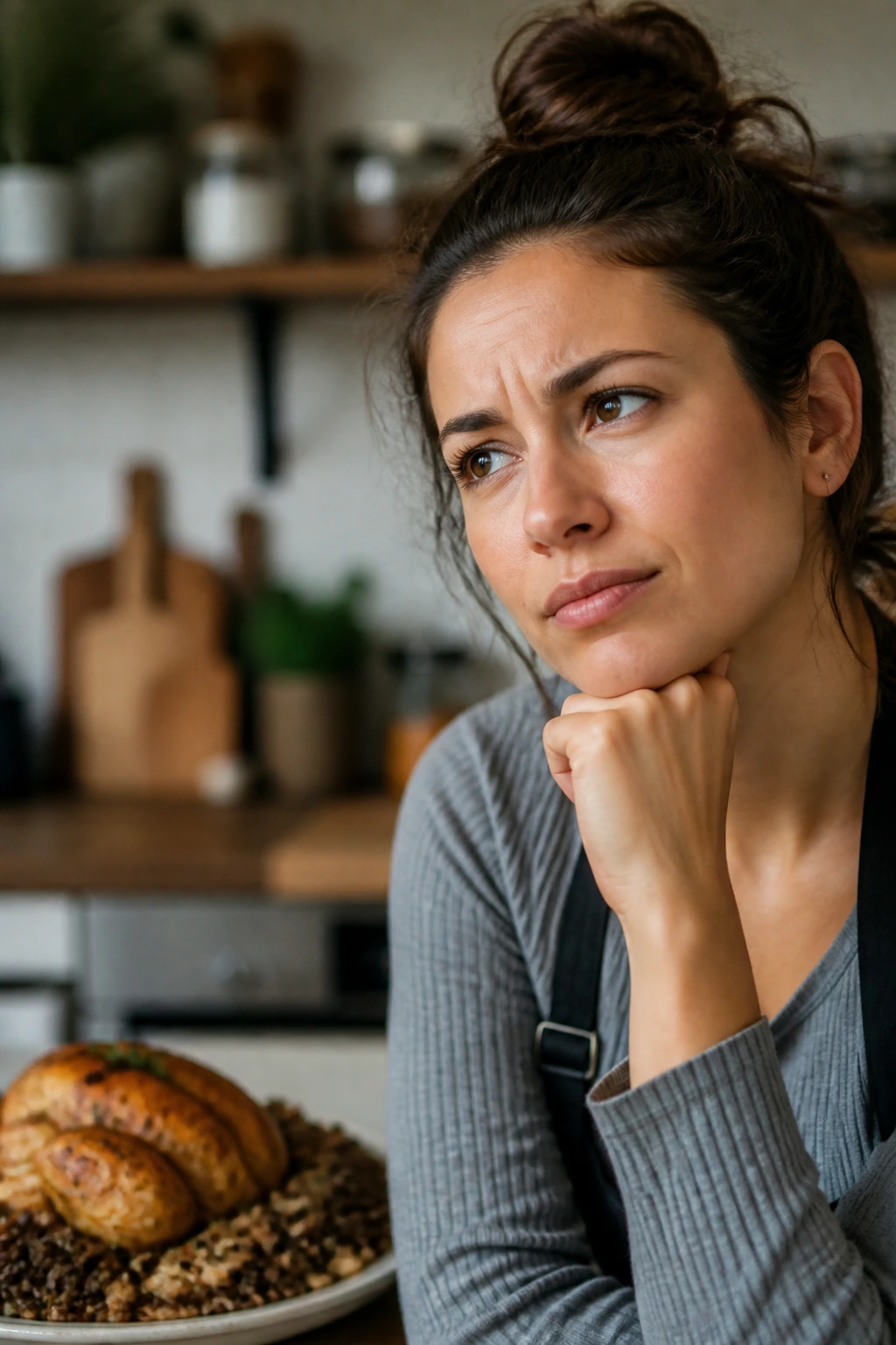 Portrait of a person in a kitchen contemplating cooking