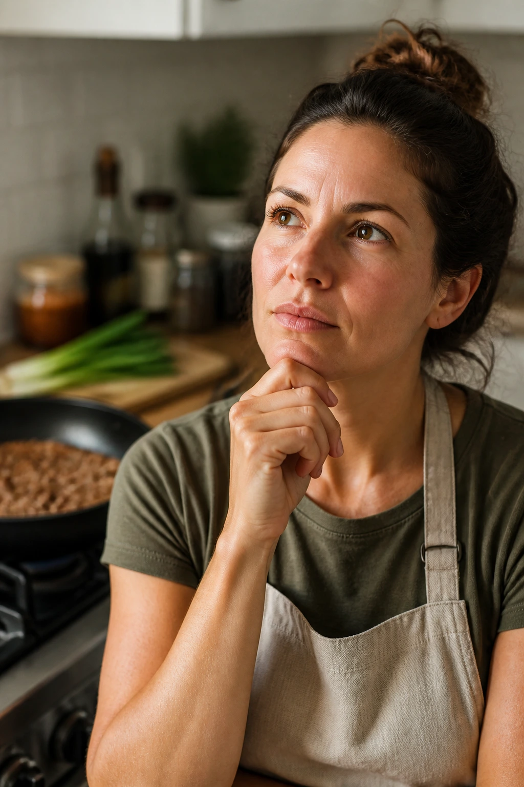 Real person in a kitchen contemplating cooking questions before starting