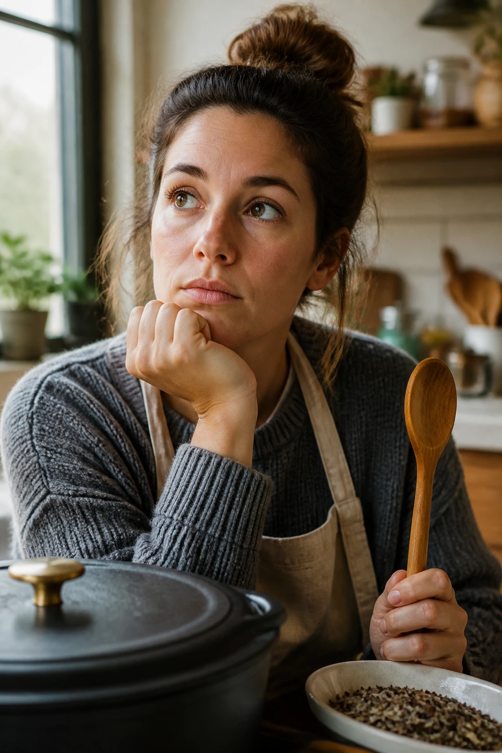 Real person pondering wild rice soup in a warm kitchen