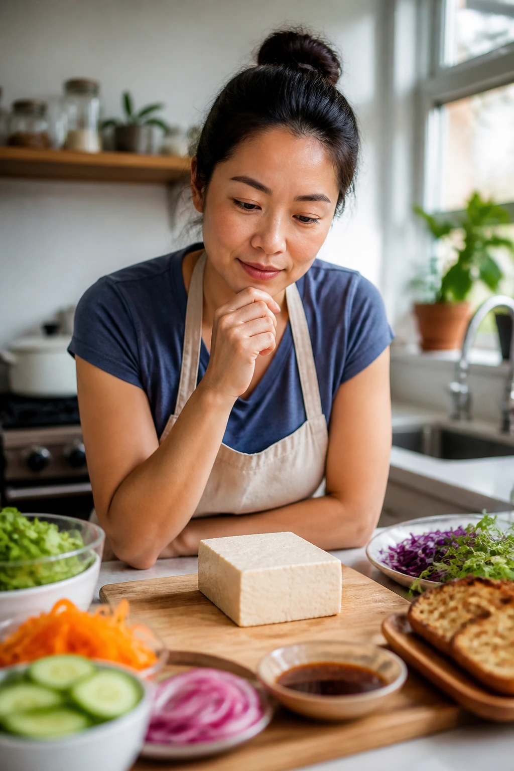 Real person thinking in kitchen with tofu ingredients