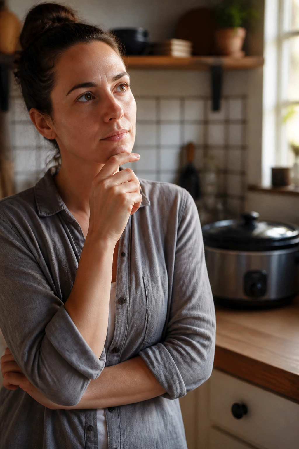 Person in kitchen contemplating questions about starting slow cooker Chinese cooking