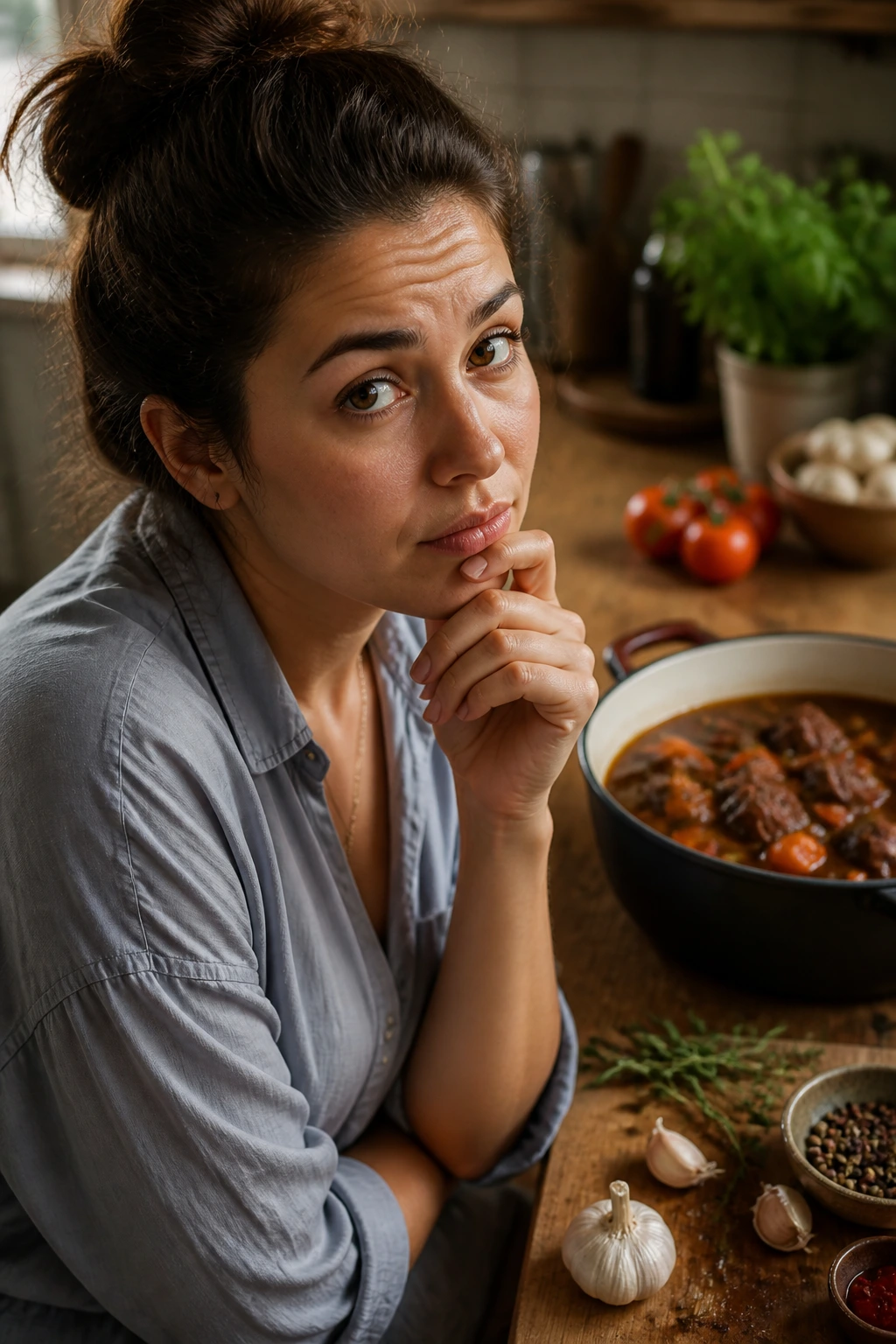 Real person in kitchen thoughtfully considering cooking beef.