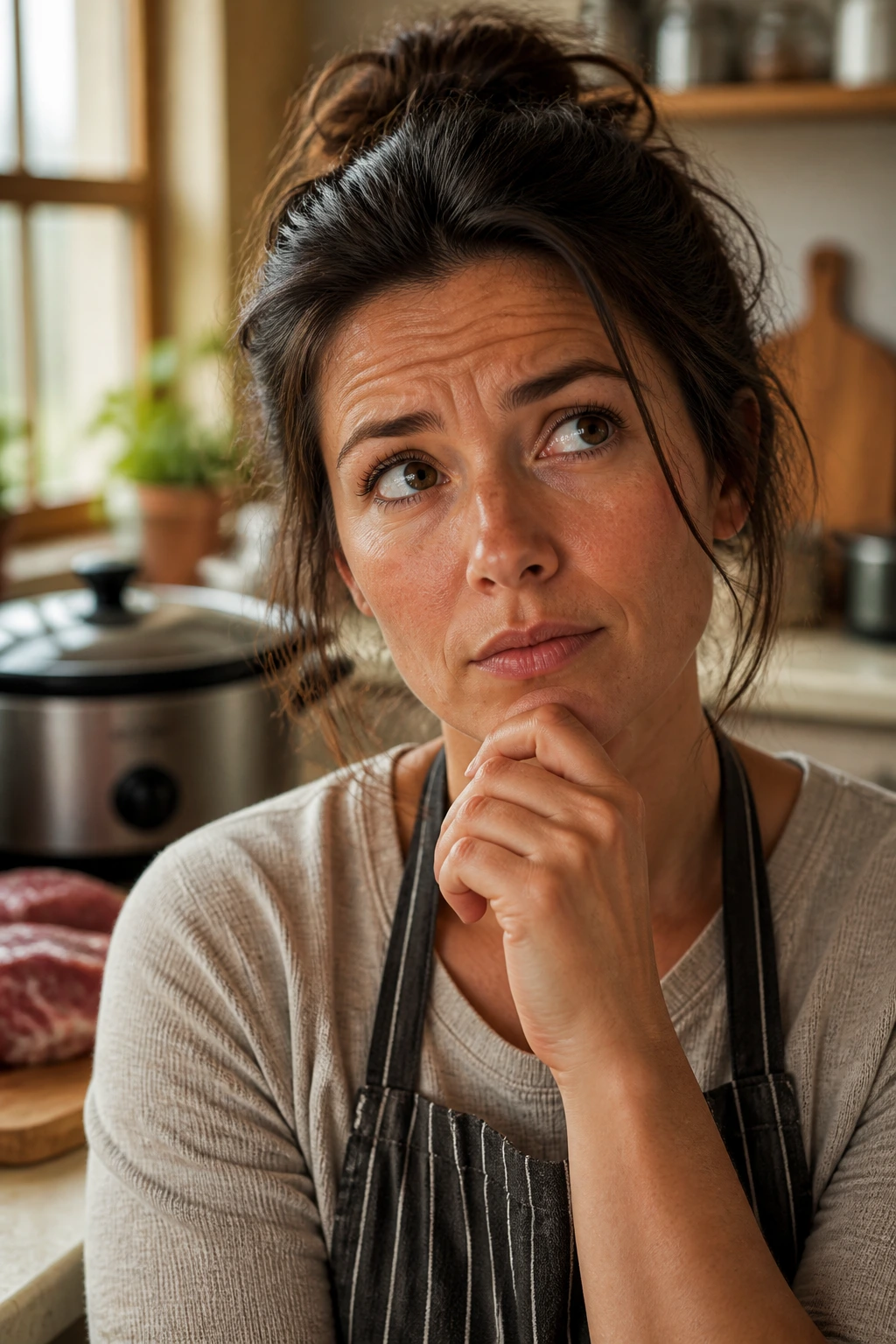 Close-up portrait of a thoughtful person in a kitchen, representing questions before starting a slow cooker beef recipe.