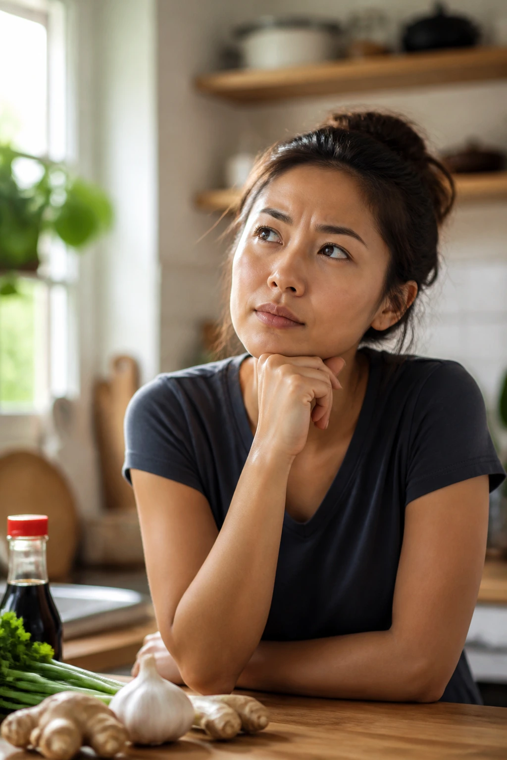 Real home cook pondering questions in a kitchen before starting