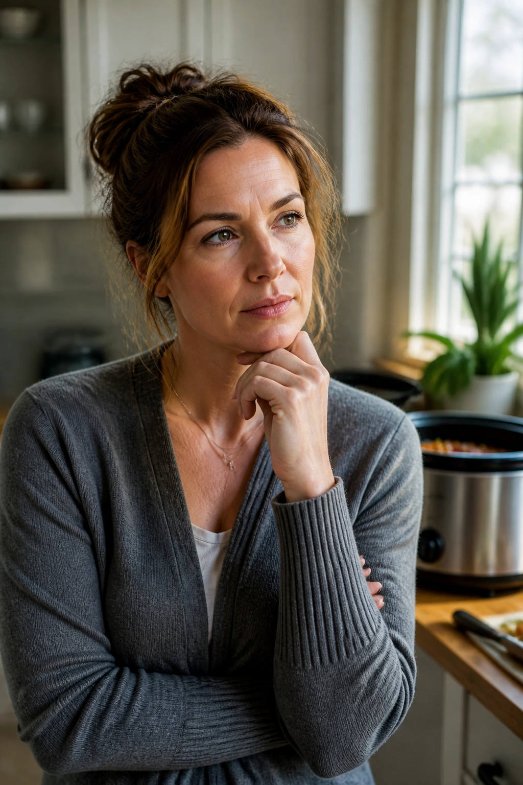Thoughtful home cook with slow cooker in background.