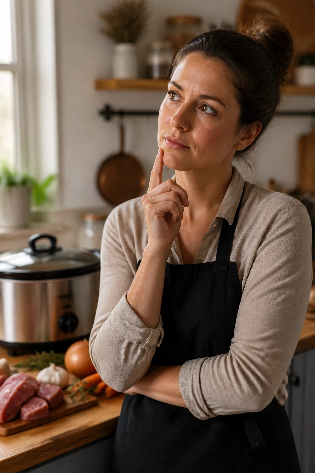 Thoughtful home cook in kitchen considering slow cooker beef stew