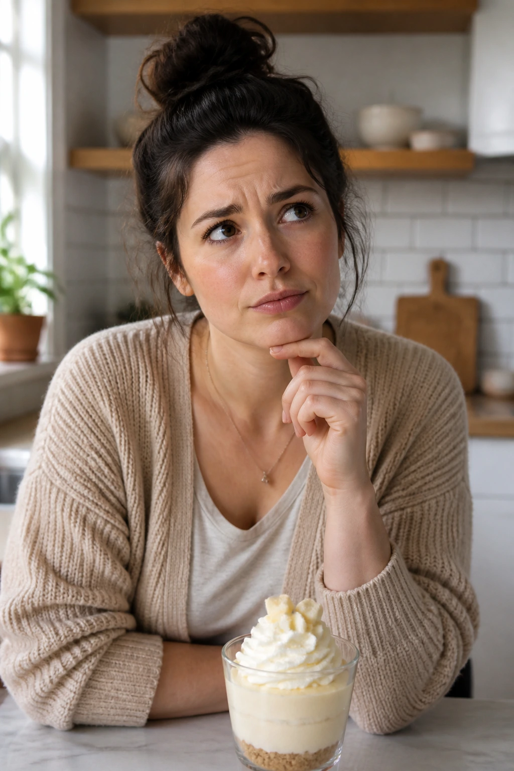 Curious home cook examining a mousse cup in a bright kitchen