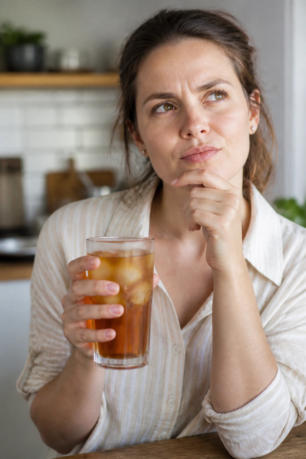 Real person in a bright kitchen contemplating a glass of iced tea.