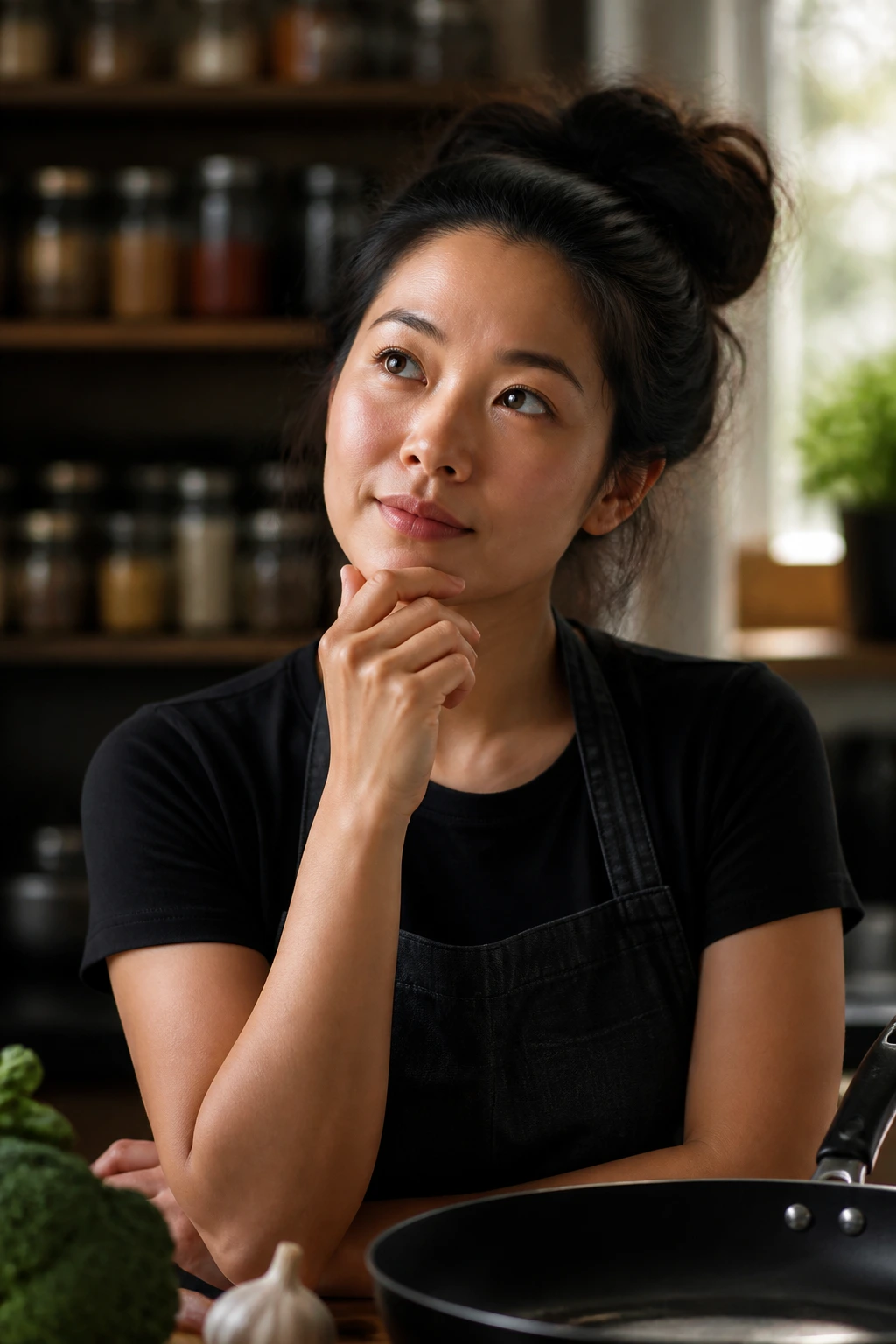 Real person in kitchen thinking before turning on the stove