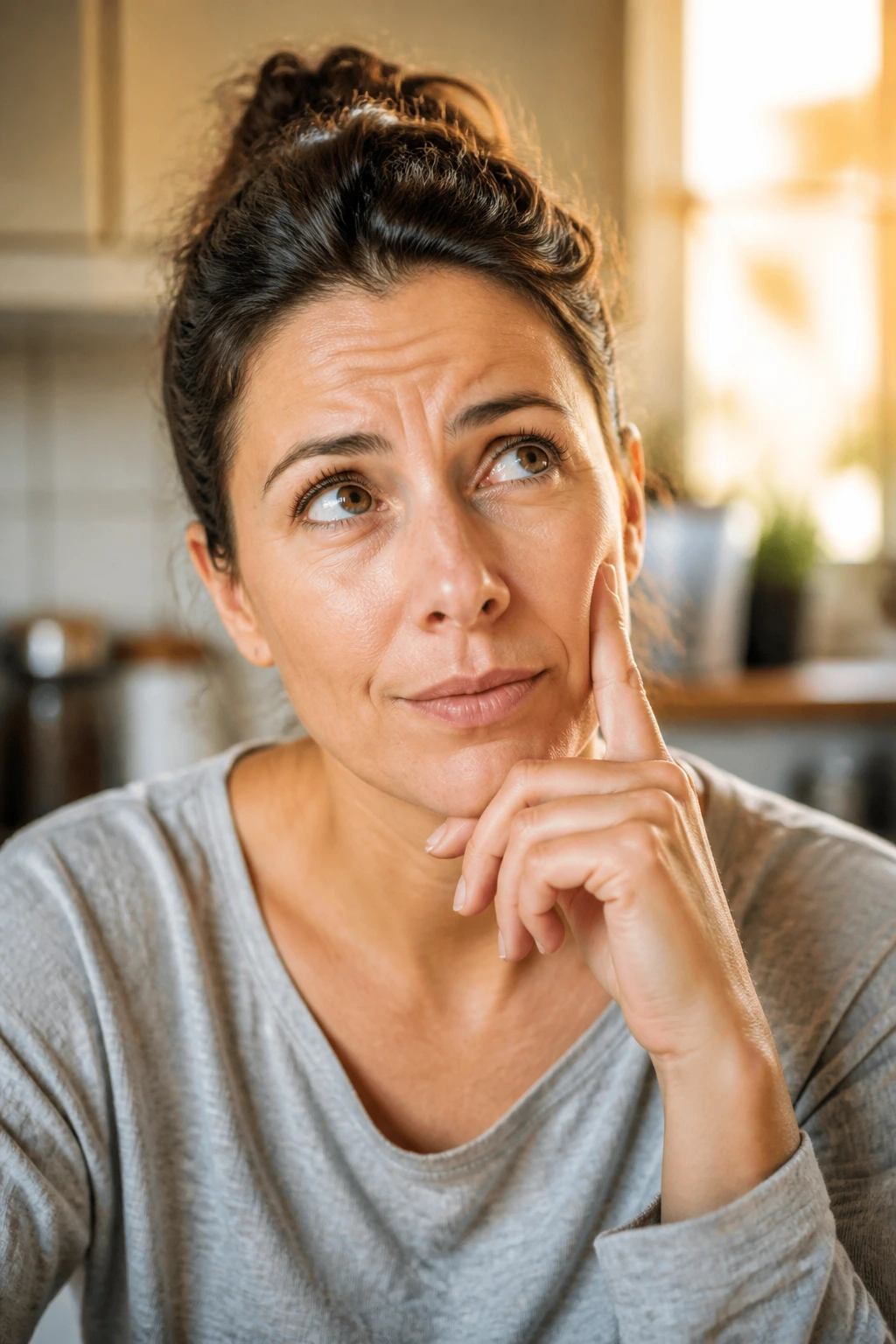 Close-up portrait of a parent at dinner, thoughtful expression