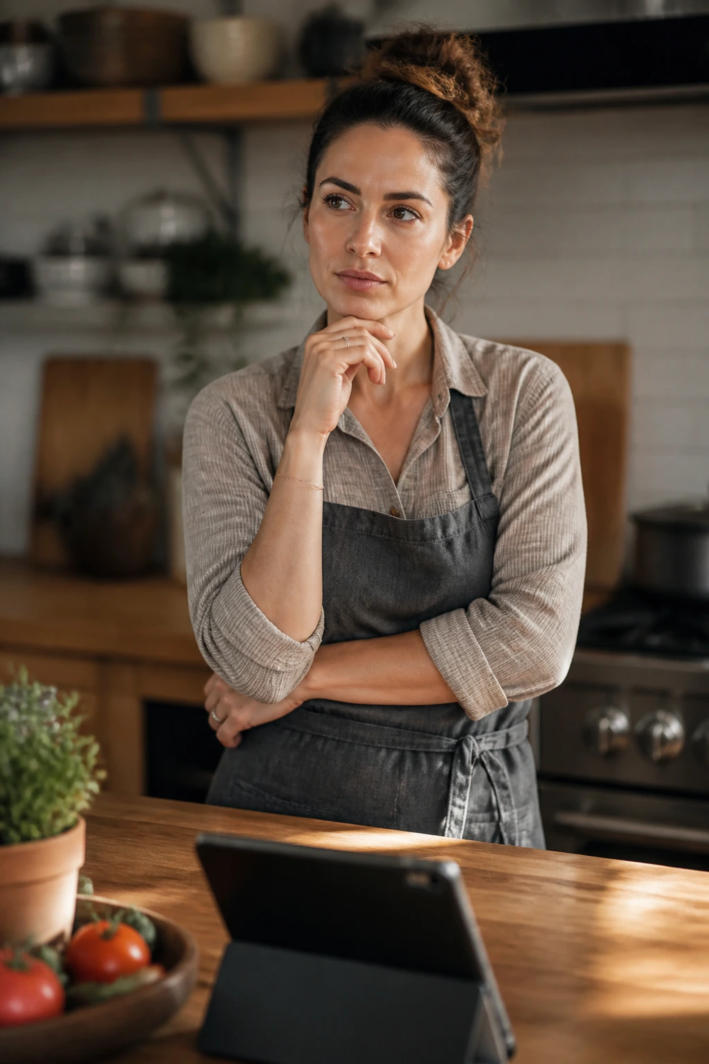 Real person in a kitchen thinking about 30-minute dinners