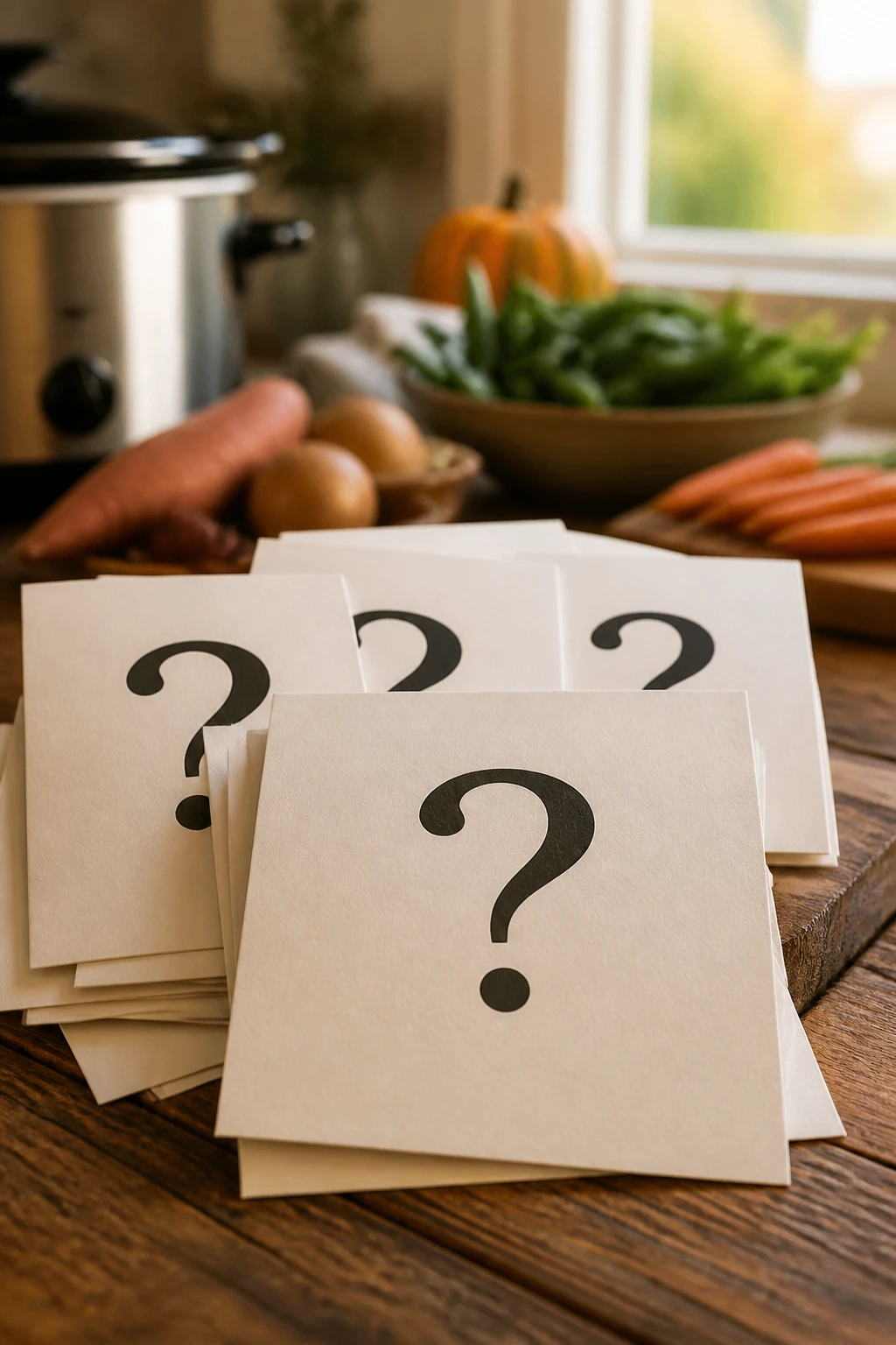 Close-up of blank cards with question-mark icons on a wooden counter, illustrating questions before slow cooker Thanksgiving vegetables.