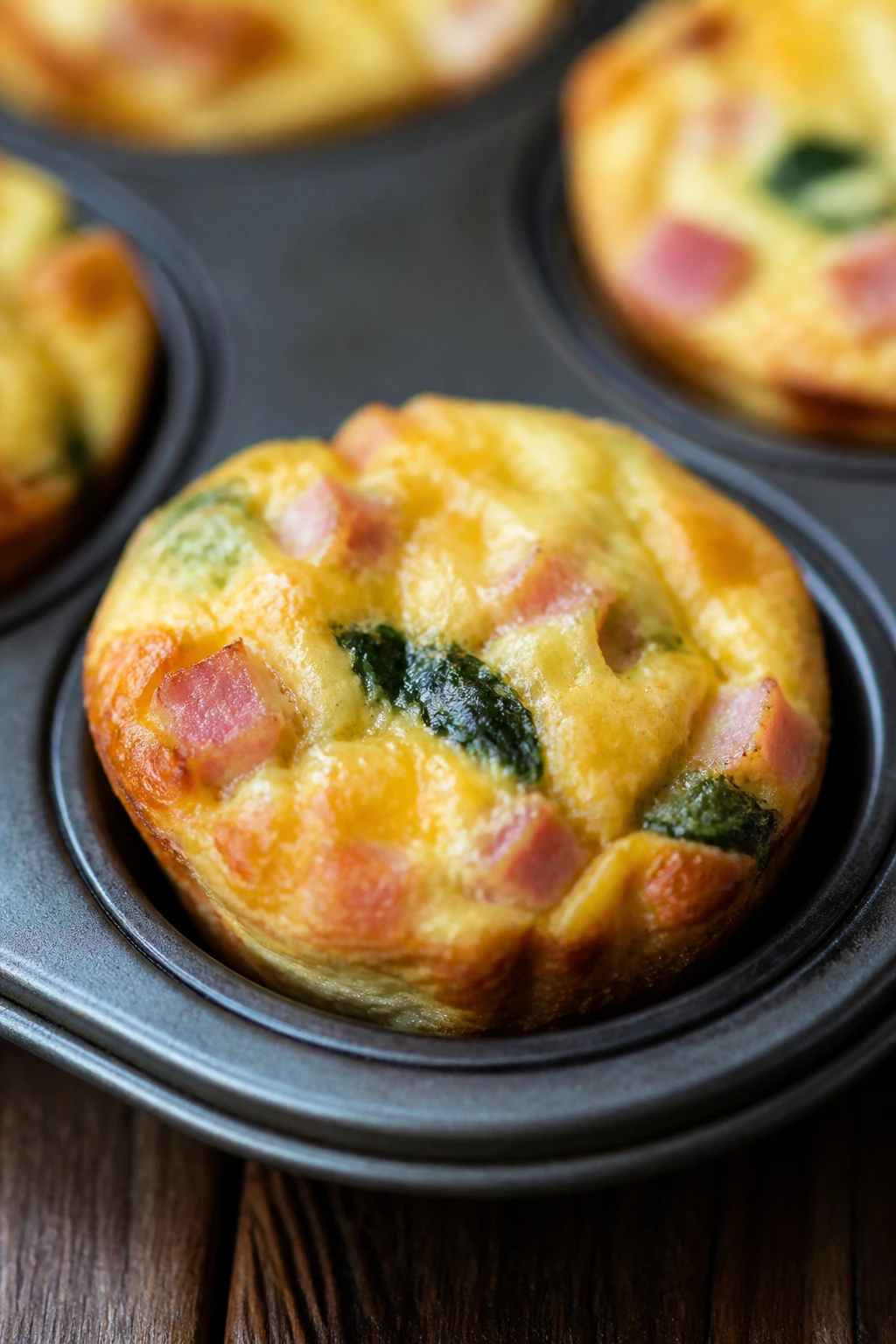 Close-up of a mini ham and cheese quiche cup in a muffin tin