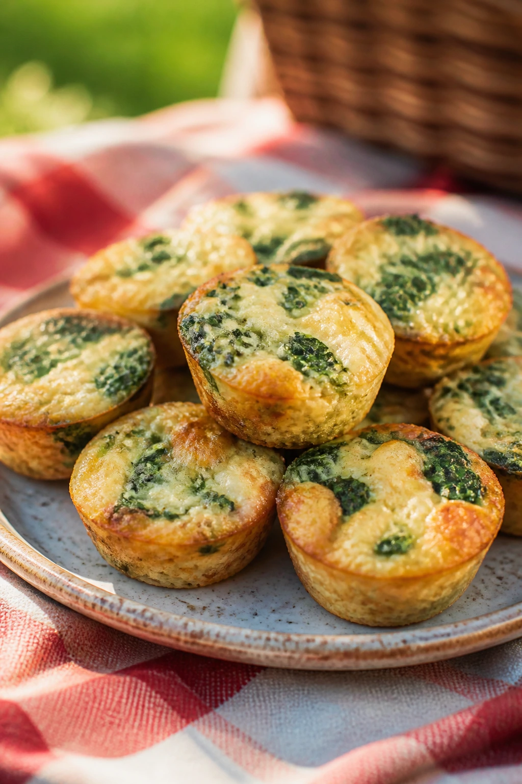 Close-up of mini quiche muffins with spinach and Gruyère on a rustic plate at an outdoor picnic