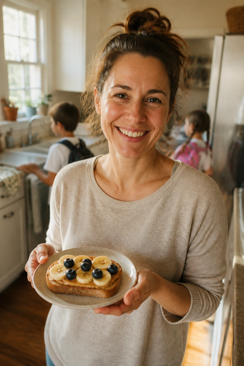 Parent in kitchen holding quick kid-friendly breakfast plate