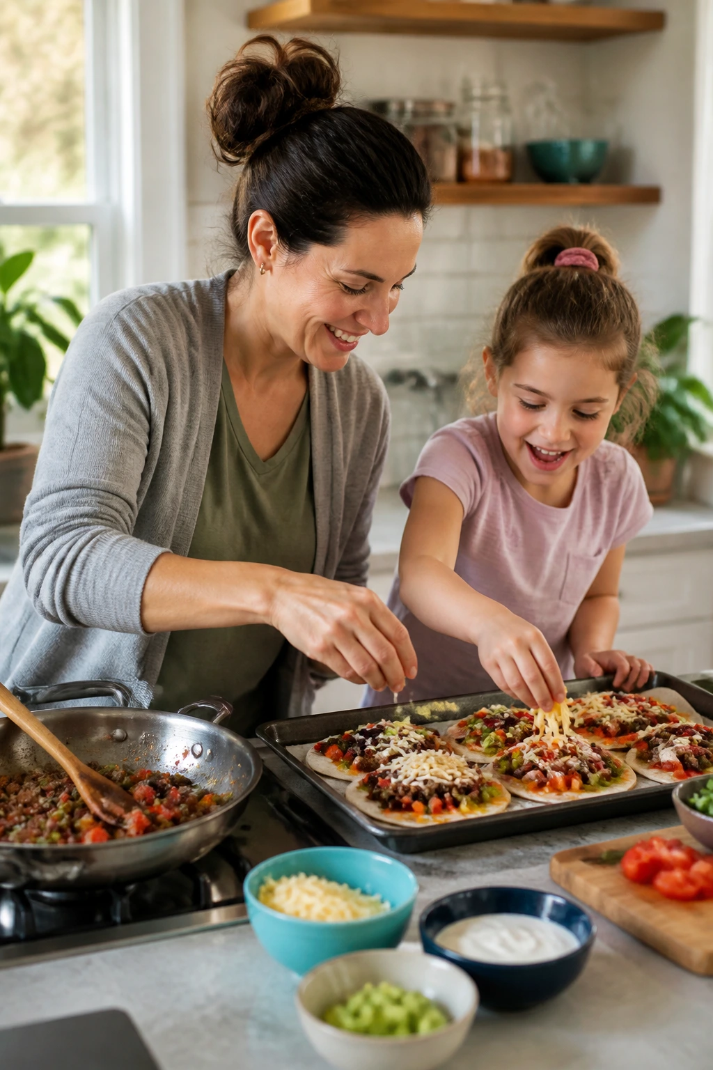 Parent and child cooking a quick after-school meal in a bright kitchen