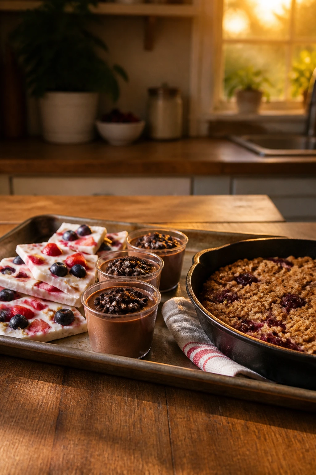 Tray of quick desserts on a kitchen counter ready for a busy evening.