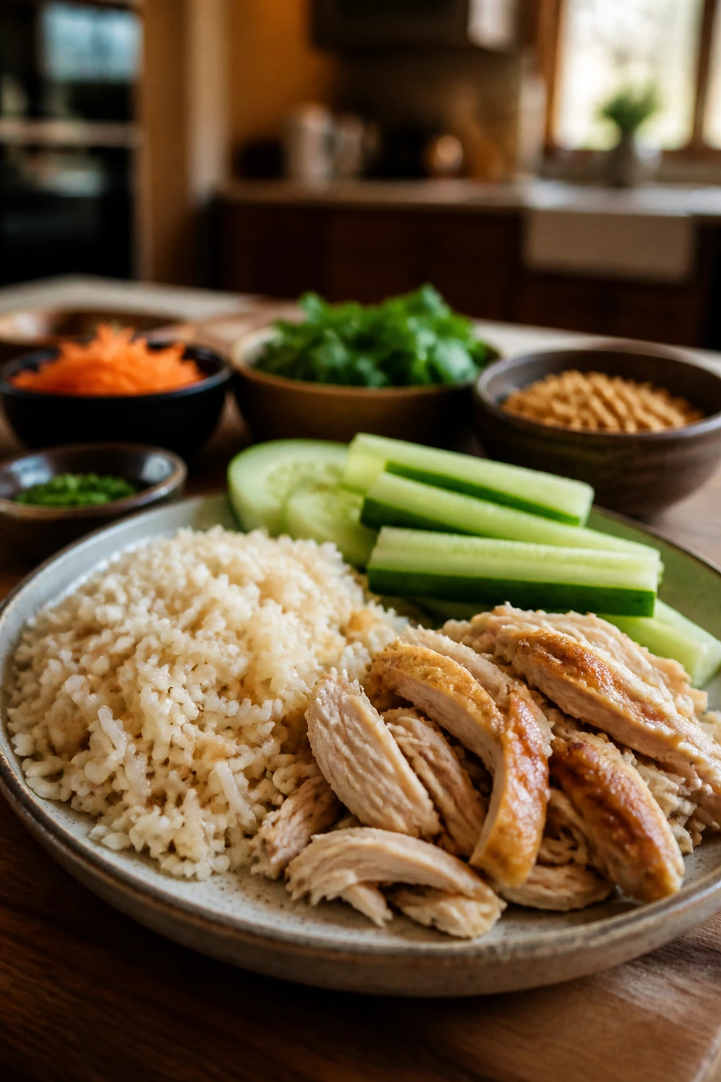 Simple quick dinner plate with rice, chicken, and veggies in a home kitchen.