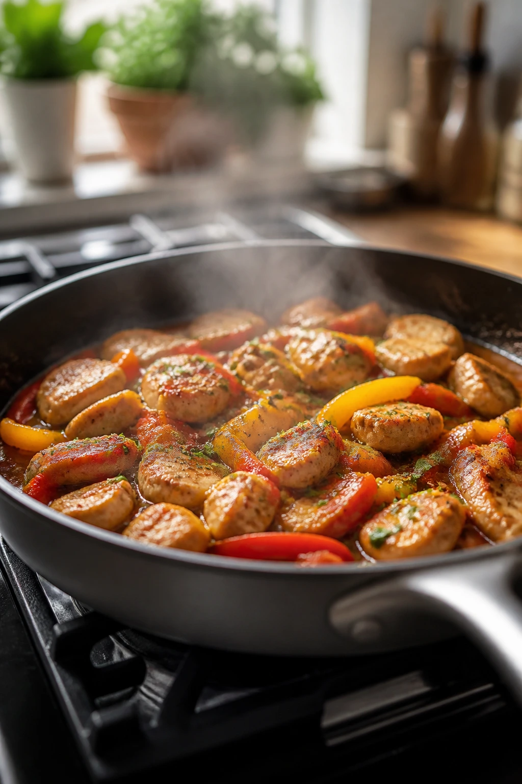 Skillet dinner on stove representing quick family meals