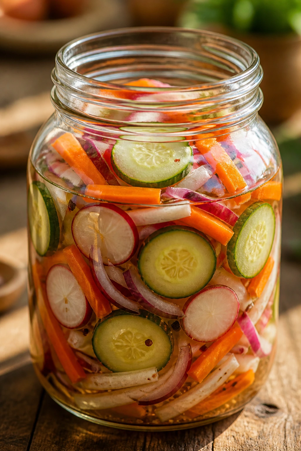 Close-up of a jar of colorful quick pickled vegetables on a wooden counter