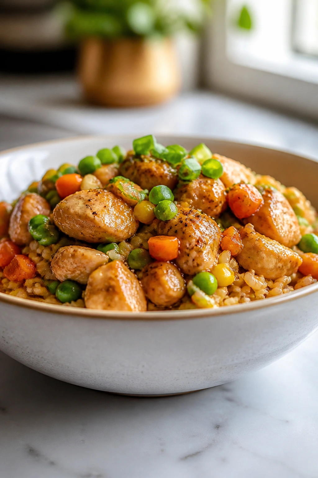 Close-up of a vibrant rice bowl on a kitchen counter