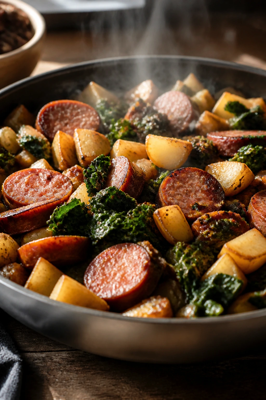 Close-up of hearty smoked sausage with potatoes and greens in a skillet, steam rising