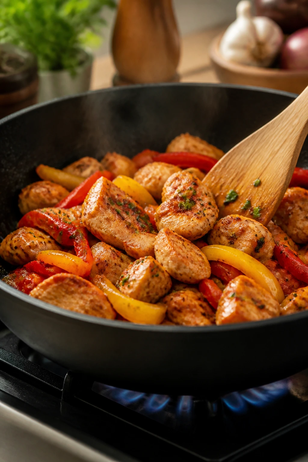 Sizzling chicken and peppers in a skillet during quick dinner steps