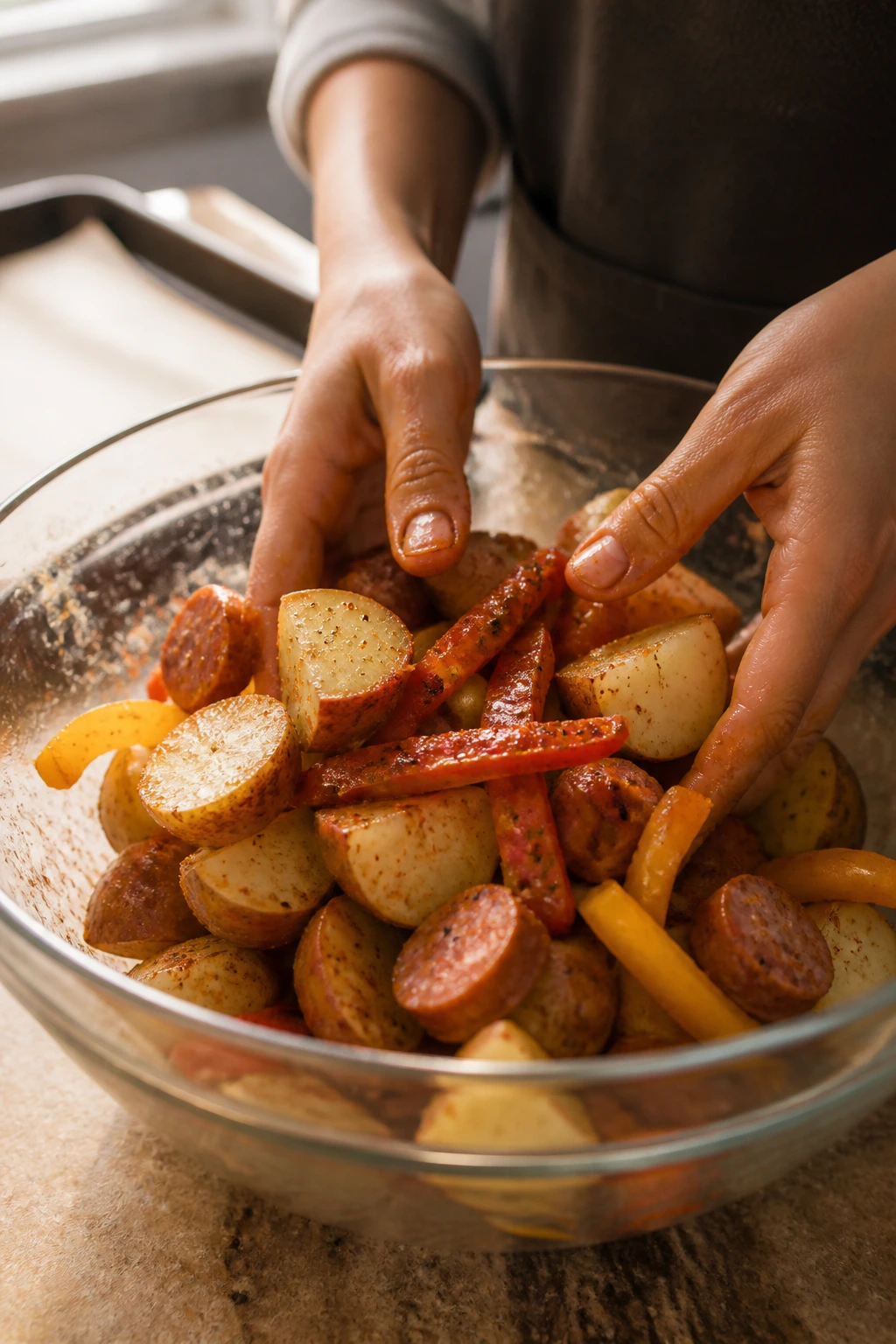 Close-up of hands tossing a potato-sausage-pepper mixture in a bowl in a warm kitchen