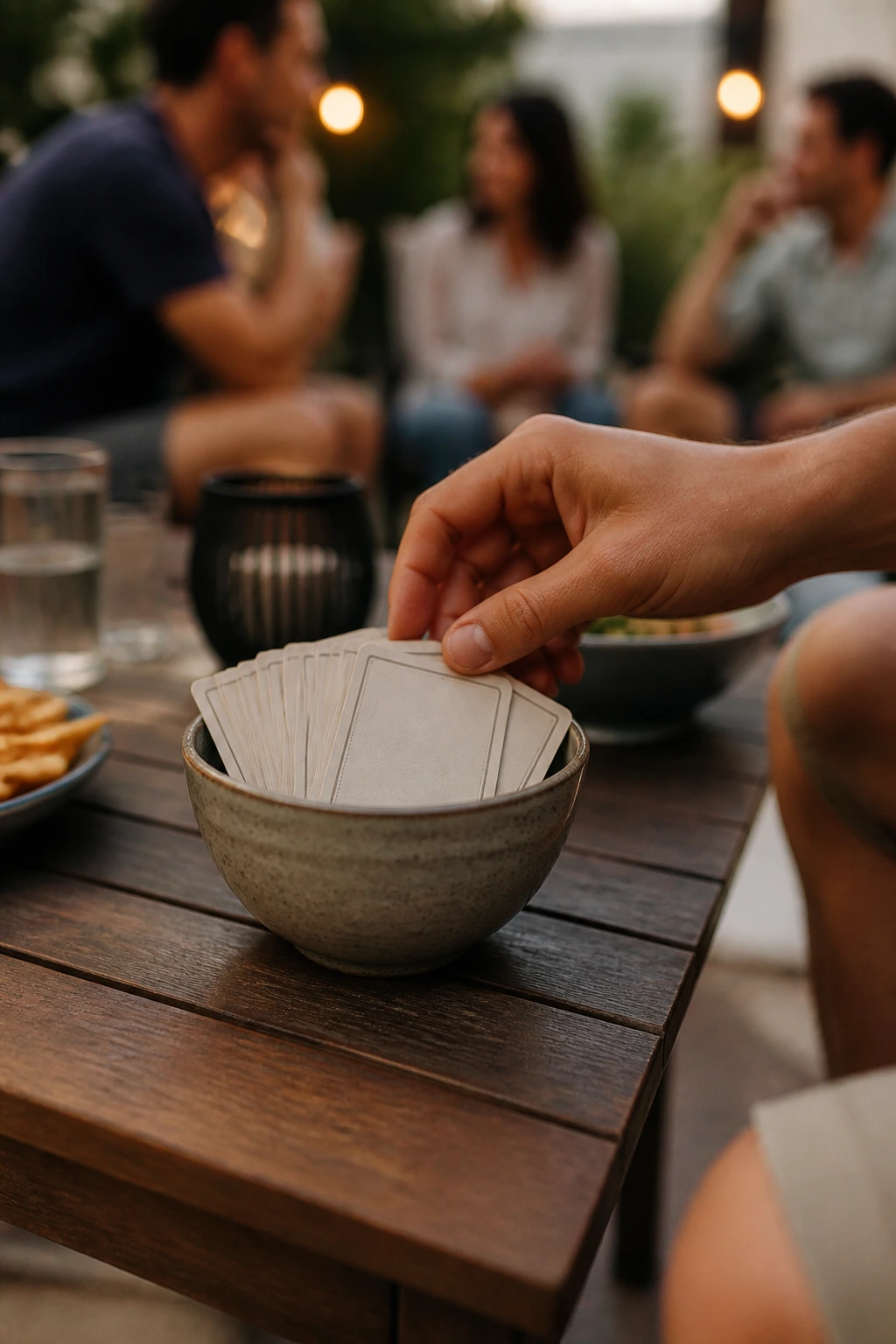 Hand reaching for blank-backed cards on a quiet patio game setup