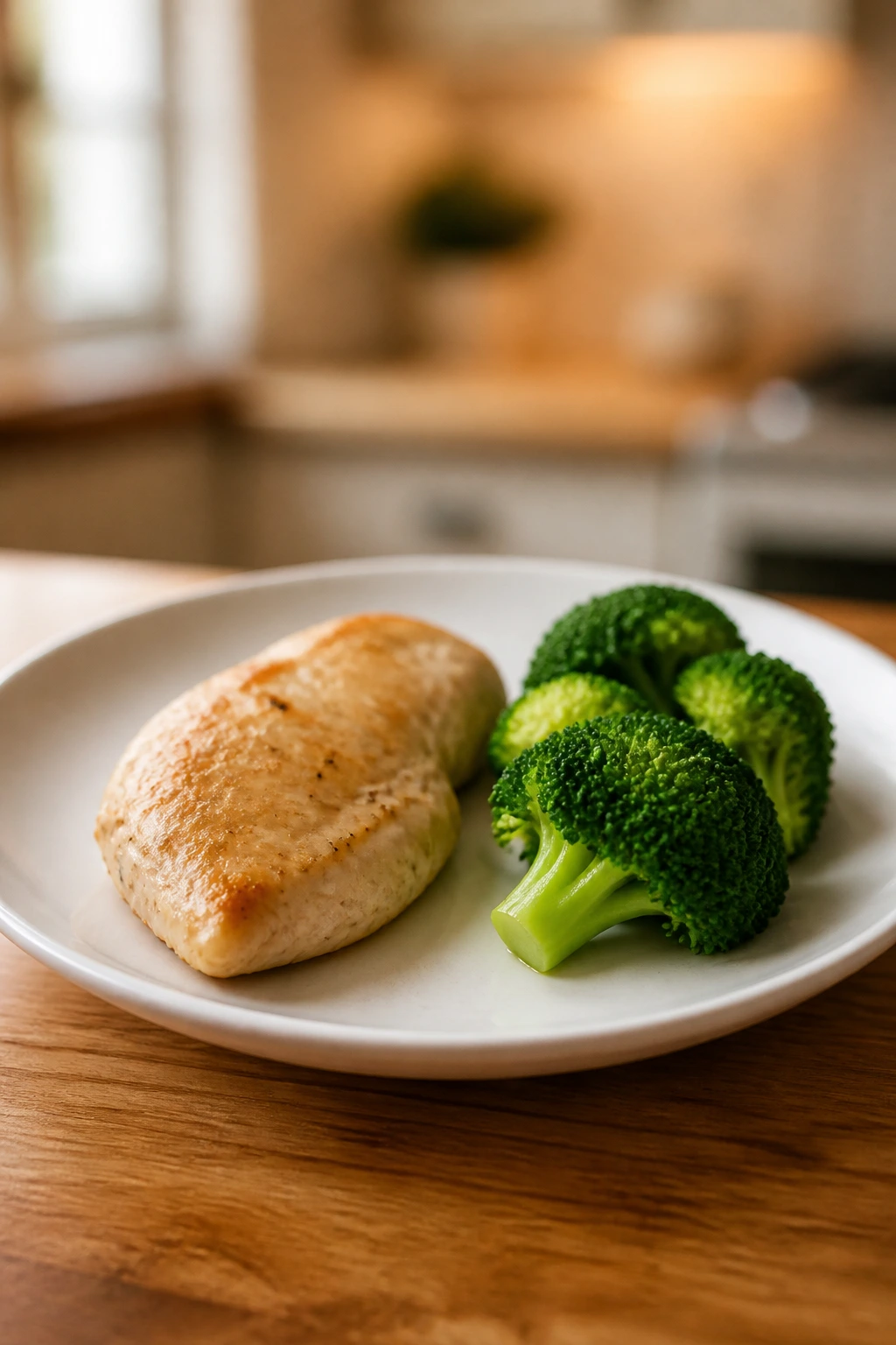 Close-up of a simple plate with two foods on a wooden table